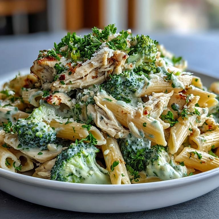 A skillet of High Protein Rotisserie Chicken Broccoli Pasta with whole-wheat penne, bright broccoli, and lemon zest.