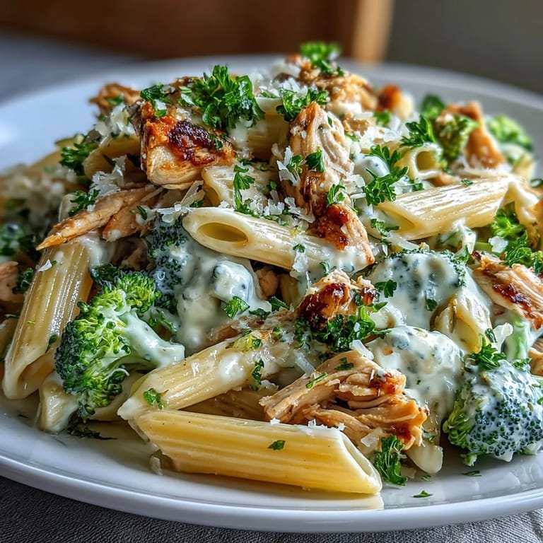 Close-up of High Protein Rotisserie Chicken Broccoli Pasta showing shredded chicken and a rich Greek yogurt sauce.