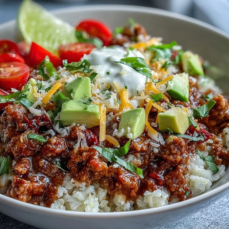 Easy Low Carb Burrito Bowl with seasoned beef, cauliflower rice, plus fresh tomatoes and creamy avocado for a Mexican-inspired dinner. 