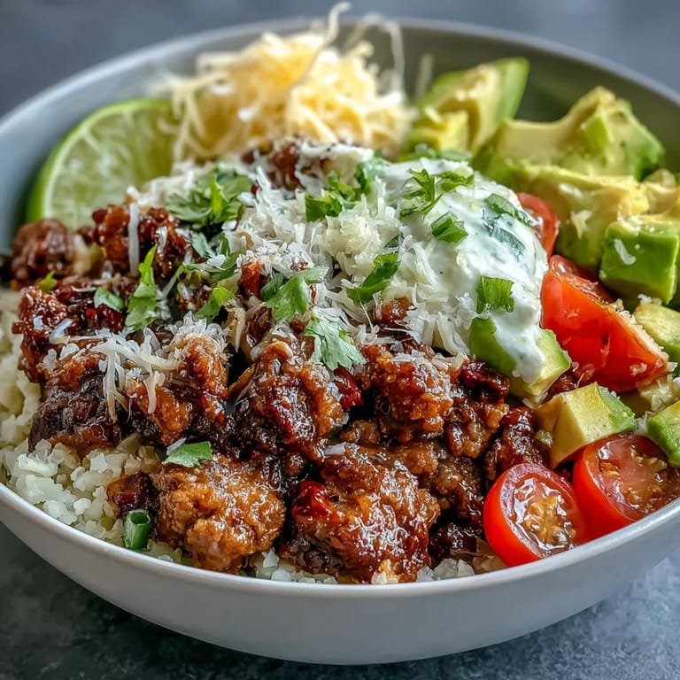 Juicy seasoned beef, cauliflower rice, and cool sour cream piled into a Low Carb Burrito Bowl with lime wedges.