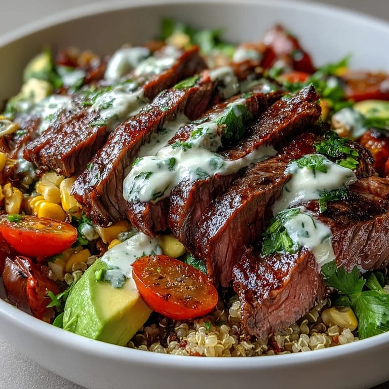 Savory steak and charred corn combine with creamy avocado and a tangy lime-infused cilantro sauce in this colorful Tex-Mex dinner bowl.  