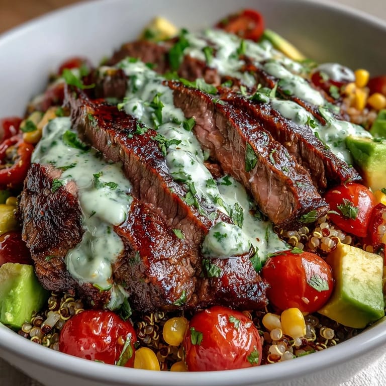 Sliced steak, roasted charred corn, and creamy avocado served in a hearty bowl with a drizzle of bright green cilantro cream sauce.