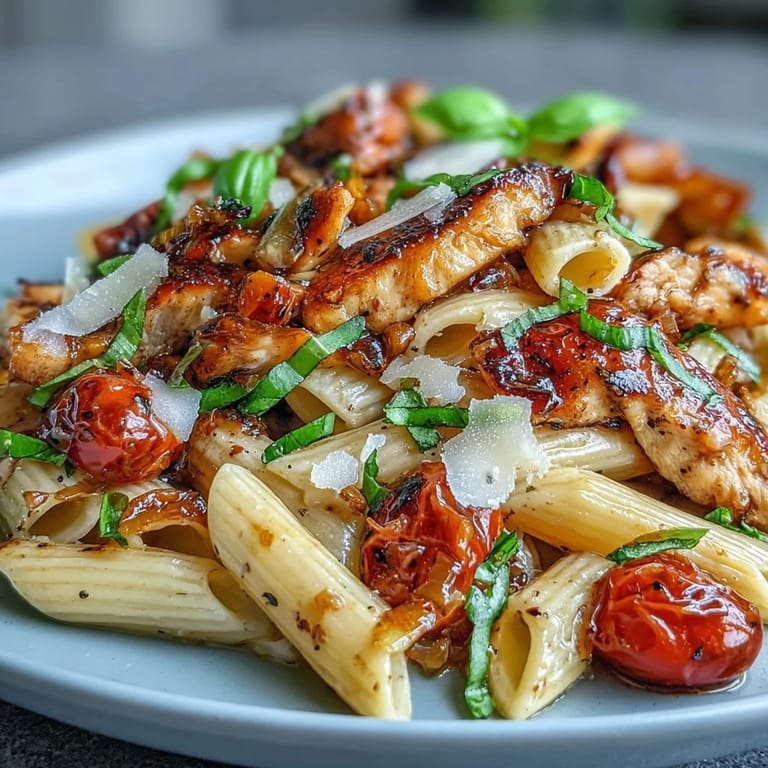 A close-up of Bruschetta Chicken Pasta featuring juicy tomatoes, basil, and Parmesan, served as a warm, family-style Italian-American dinner.