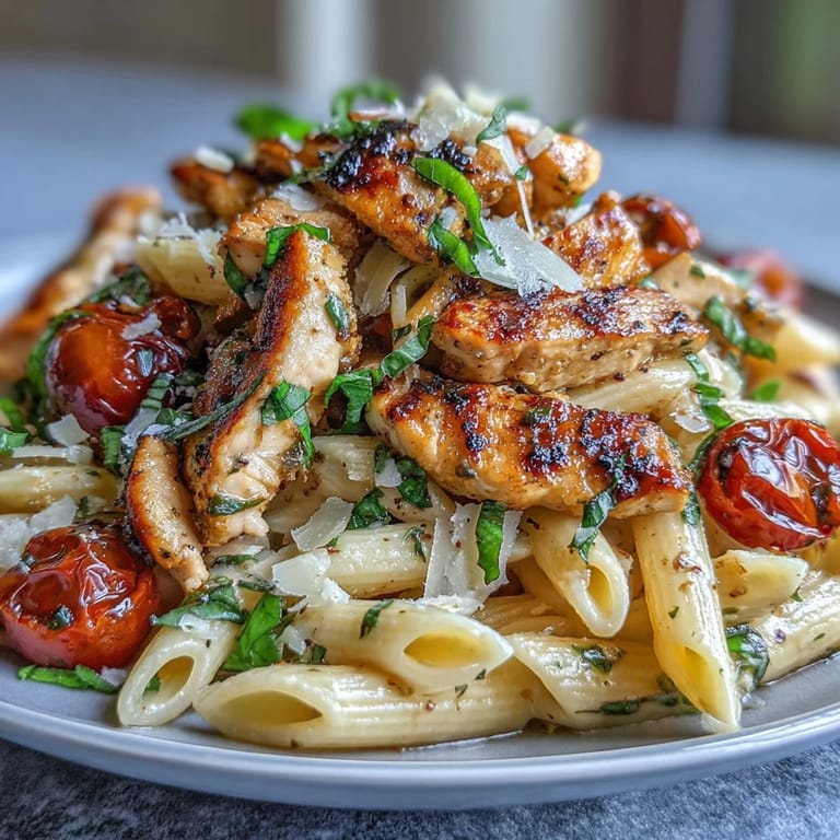 Colorful bowl of Bruschetta Chicken Pasta with tender chicken, penne, and tomatoes glistening with balsamic and olive oil garnish.