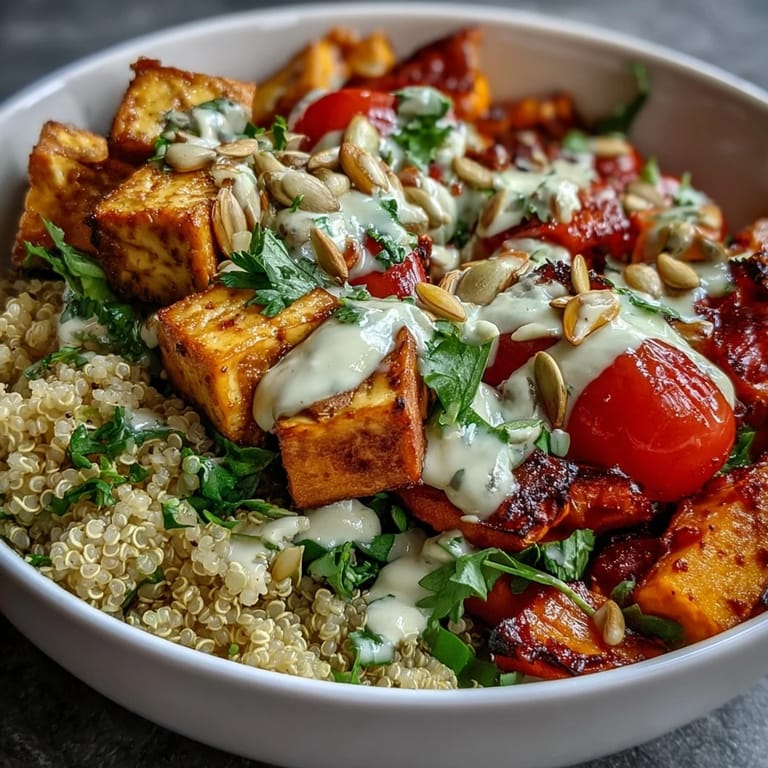Hearty Customizable Grain Bowl with fluffy farro, baked tofu, cucumbers, and sesame seeds, ready to serve with lemon wedges for brightness.