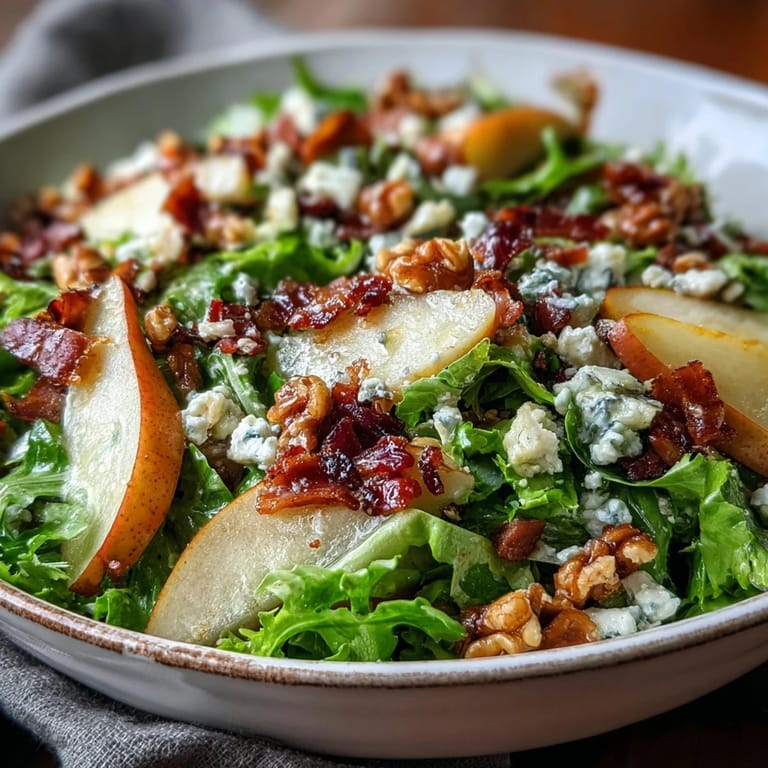 Freshly sliced pears and crumbled blue cheese top a vibrant bowl of frisée salad.