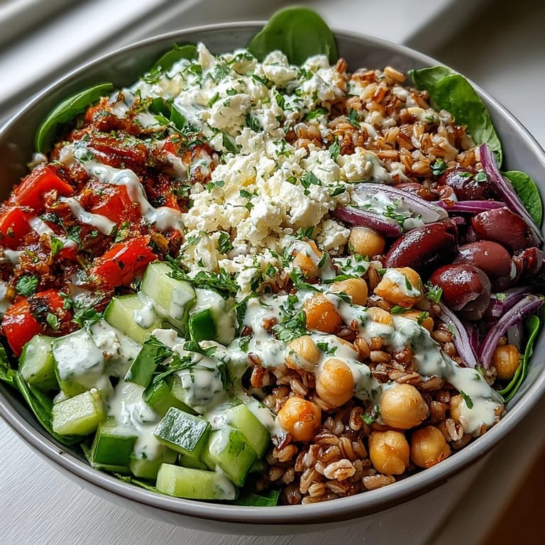 Close-up view of the vibrant Mediterranean Farro Bowl, featuring chewy farro, cherry tomatoes, cucumbers, and chickpeas with a drizzle of tahini dressing.
