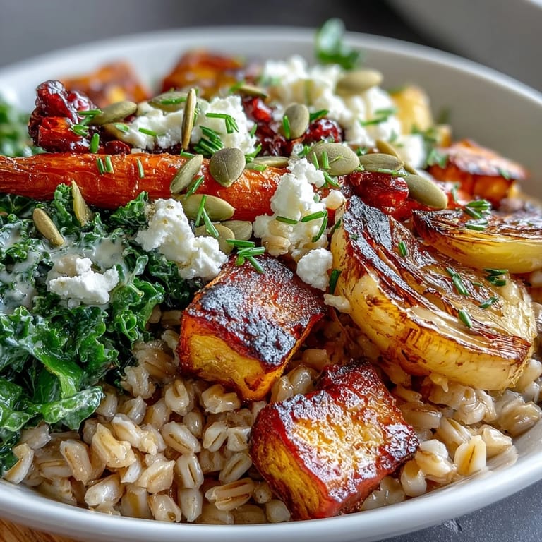 Overhead view of Hearty Winter Grain Bowl featuring quinoa, colorful roasted root vegetables, and sautéed greens, garnished with pumpkin seeds and fresh parsley.