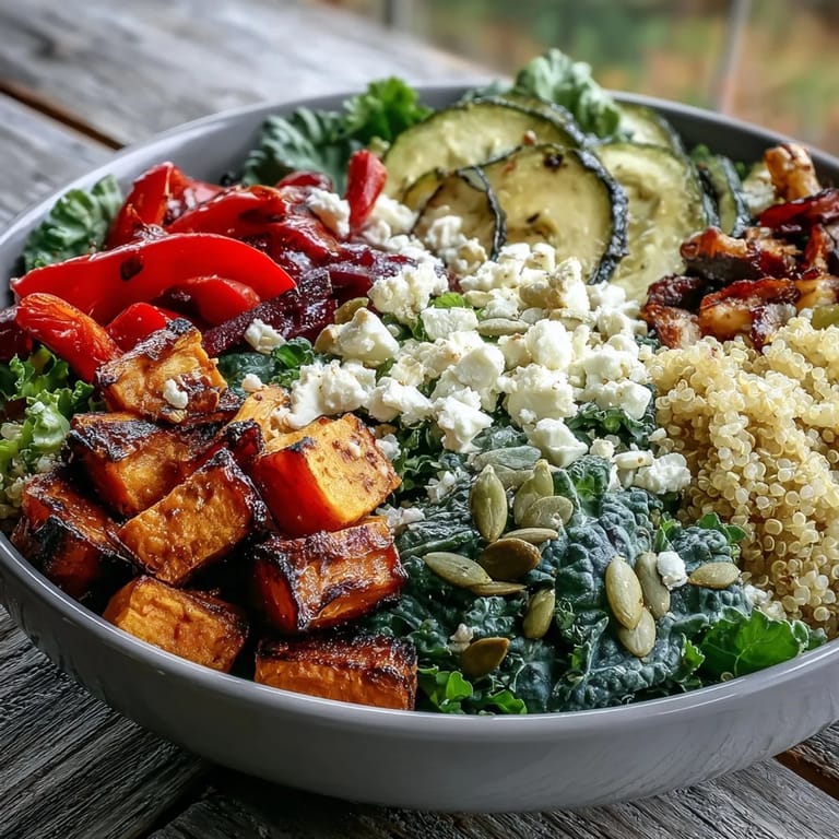 A hearty serving of the Warm Salad Bowl features roasted vegetables over grains, topped with crumbled feta and crunchy toasted pumpkin seeds.