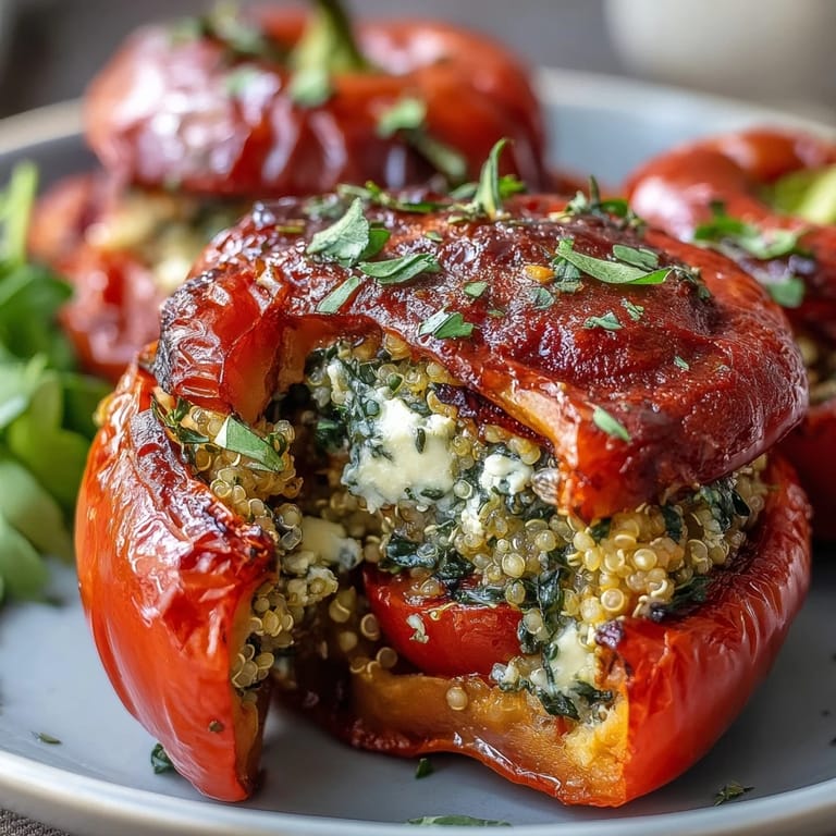 Wholesome stuffed bell peppers bursting with quinoa, fresh herbs, and colorful vegetables, perfect for a light and nutritious dinner.