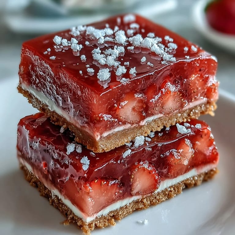 Buttery shortbread crust topped with tangy strawberry lemonade filling, dusted with powdered sugar for a sweet finish.