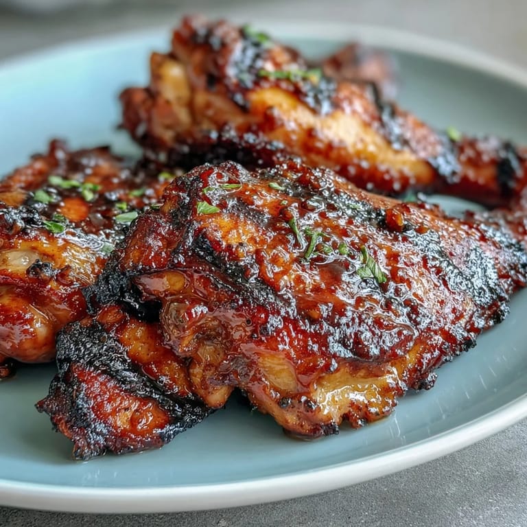 Honey garlic grilled chicken thighs sizzling on the barbecue, glazed with a sticky sweet and savory marinade.