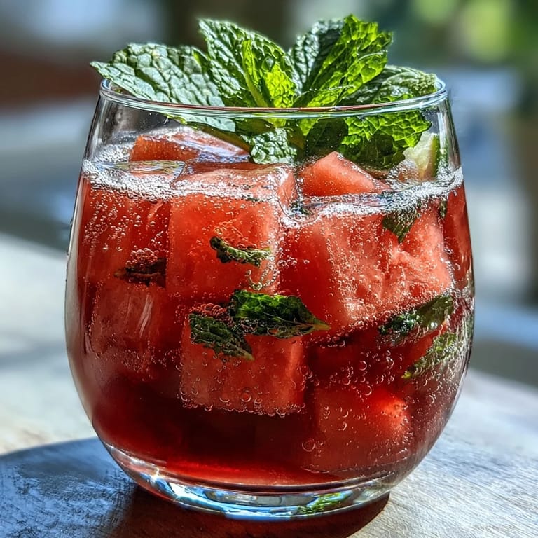 Chilled watermelon mint vodka spritz mocktail garnished with lime slices and fresh mint, a non-alcoholic twist on a classic summer refresher.