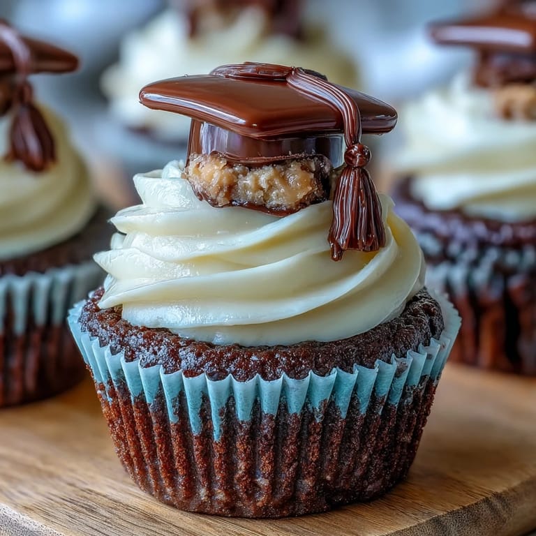 Simple Graduation Cupcakes with Cap Toppers: soft vanilla cupcakes with smooth buttercream, each crowned with a mini chocolate mortarboard and candy tassel for graduation parties.