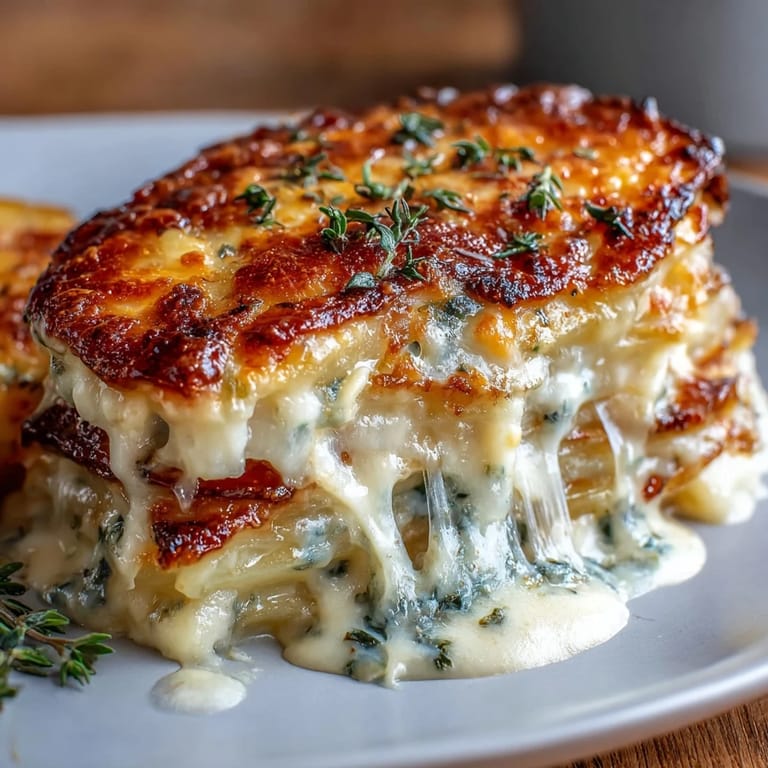 Layers of tender potatoes smothered in garlicky cream sauce and topped with melted Gruyere, ideal for Easter dinner.