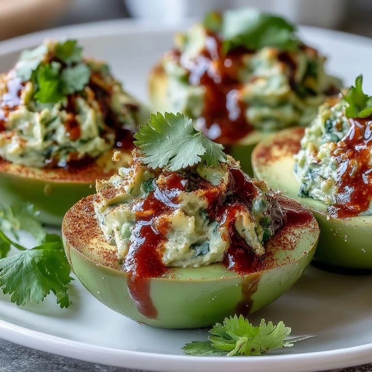 Avocado deviled eggs garnished with cilantro and paprika, drizzled with Sriracha for bold flavor.