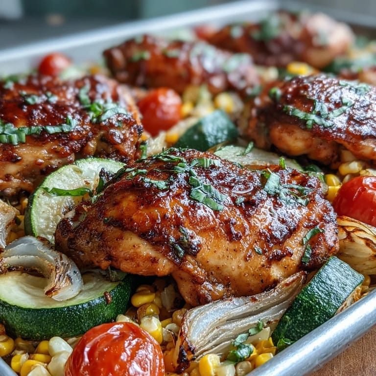 Colorful one-pan dinner of tender chicken, sweet corn, zucchini, and cherry tomatoes, seasoned with smoky paprika and fresh herbs.