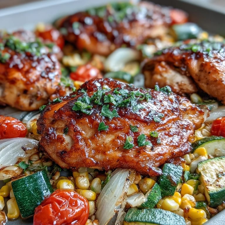 Easy sheet pan meal featuring chicken, zucchini, and corn, roasted with aromatic spices for a flavorful summer dinner.