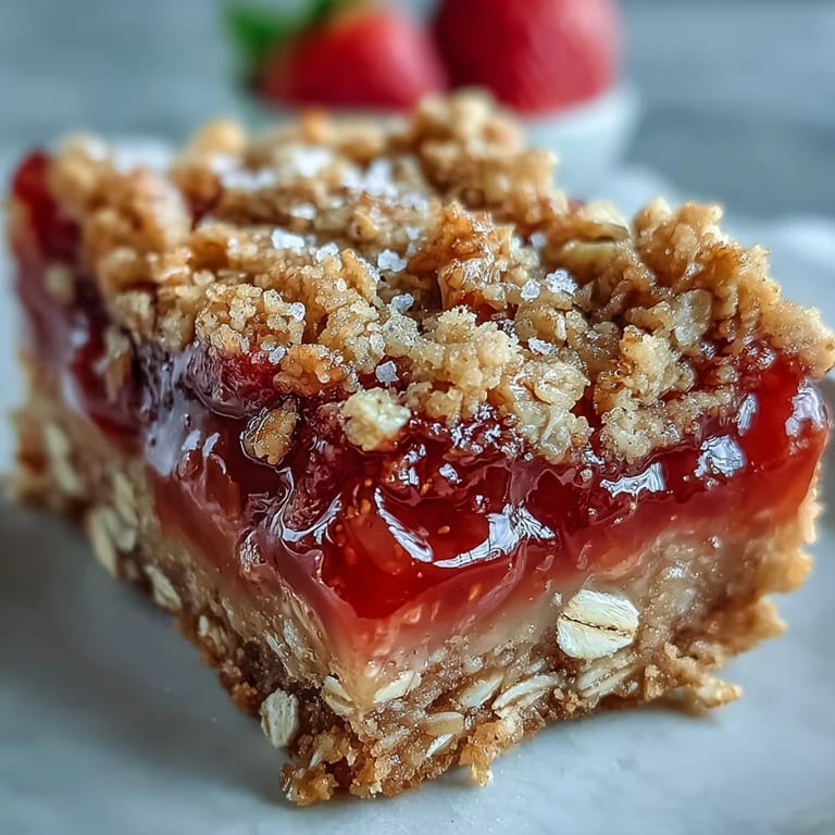 Close-up of buttery oat crumble topping on a sweet strawberry rhubarb filling.