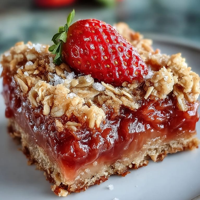 Delicious strawberry rhubarb crumble bars served fresh, begging for a bite.