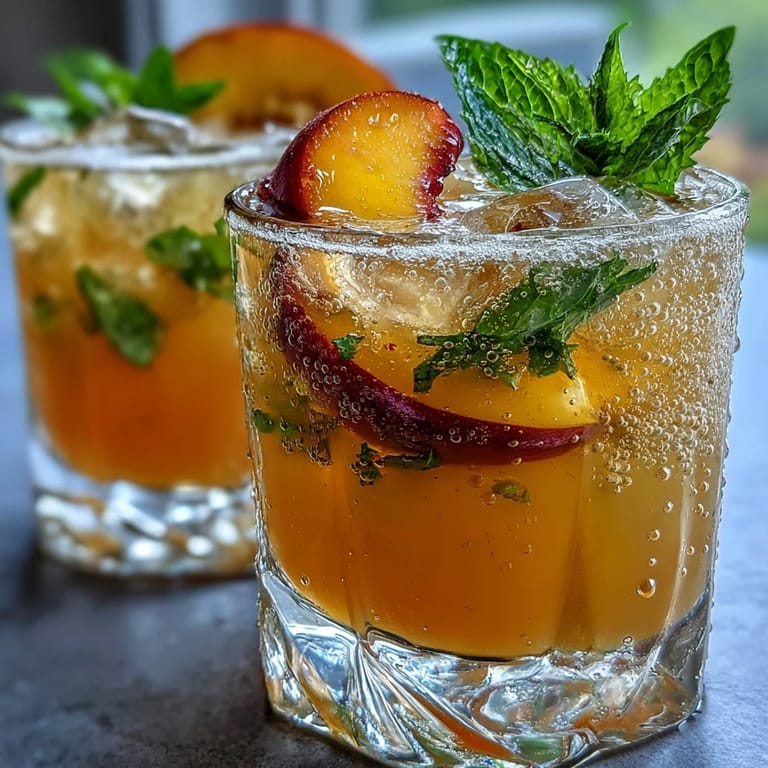 Vibrant homemade Iced Peach Green Tea Lemonade poured over ice, ready to sip.