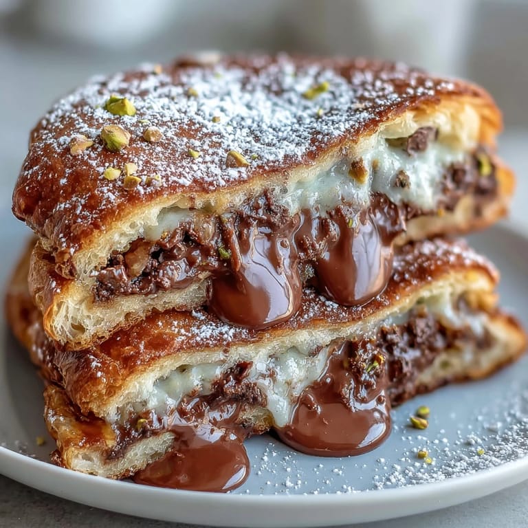 Fluffy croissants filled with chocolate and pistachios, French toast style.