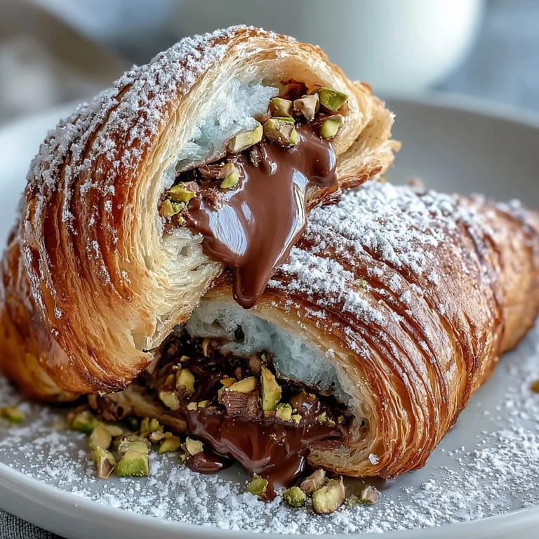 Decadent Dubai Chocolate Pistachio Croissant French Toast ready for breakfast.