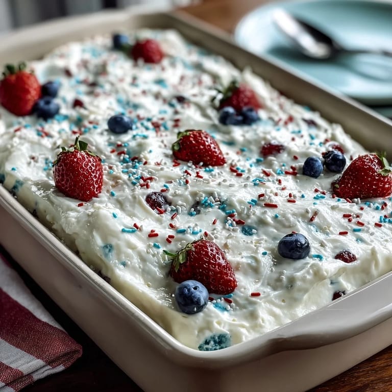 Enjoy a slice of this easy Red White Blue Poke Cake topped with whipped cream.