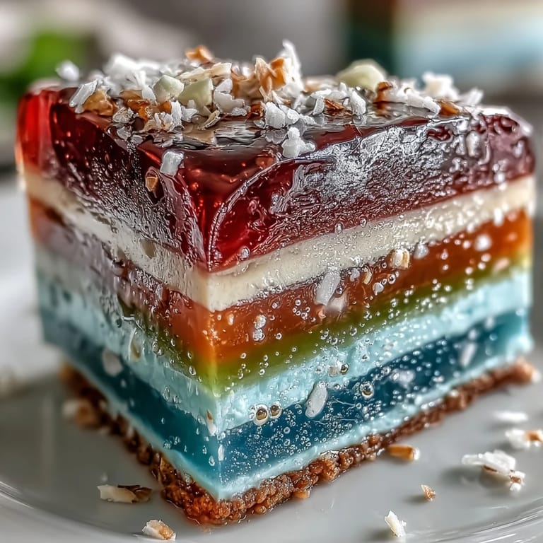 Show-stopping Rainbow Jelly Cake, perfect for a festive dessert spread.