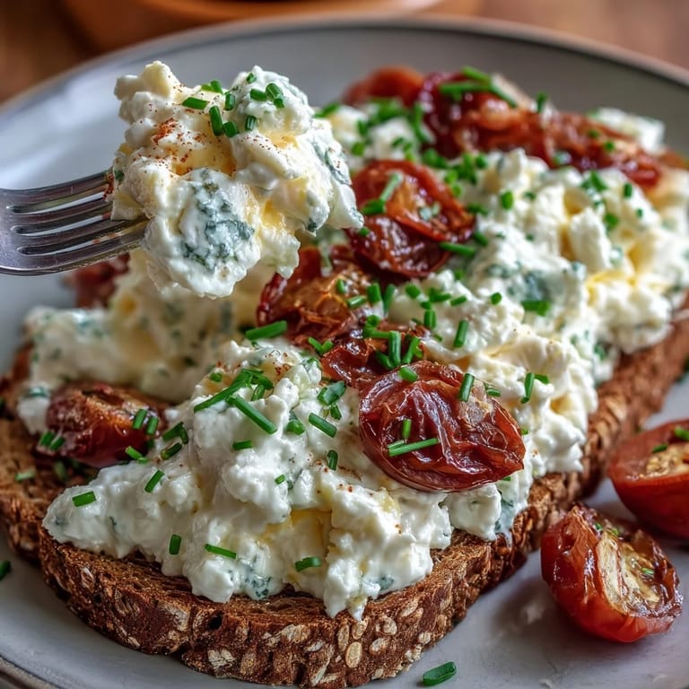 Golden-brown cottage cheese scrambled eggs topped with fresh green chives.