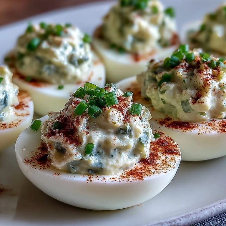 Deviled eggs with sweet pickle relish, perfectly seasoned and ready to serve soon.
