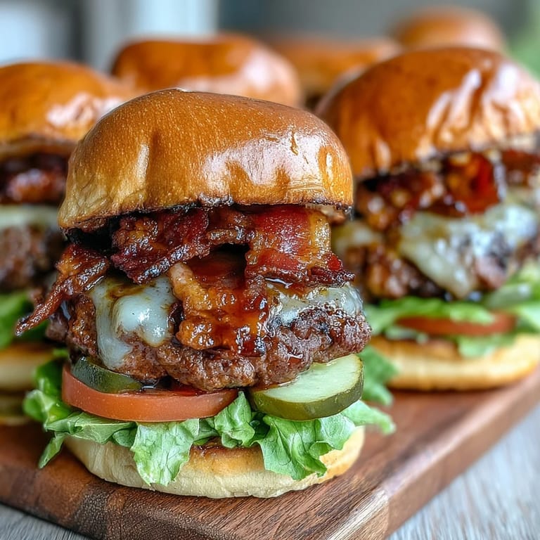 Juicy grilled bacon burger sliders with cheese, perfect for a summery backyard barbecue.