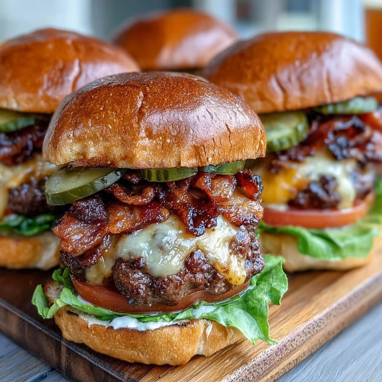 These Easy Father's Day Grilled Bacon Burger Sliders are piled high with delicious toppings.