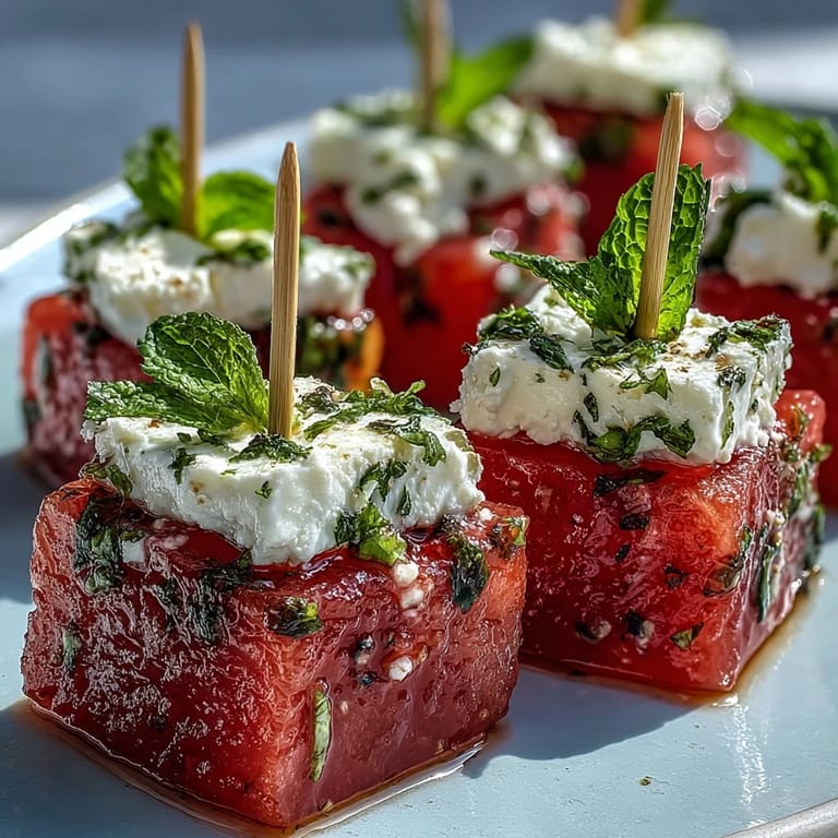 Easy watermelon feta bites skewered with feta, mint, and optional glaze.