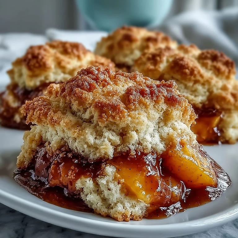 Close-up of fluffy biscuits nestled atop a vibrant peach filling, baked perfectly.
