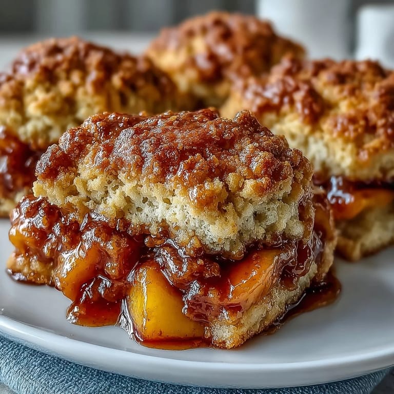 Southern comfort dessert: juicy peaches crowned with a baked biscuit topping.