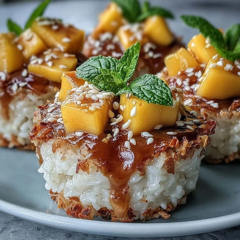 Golden Coconut Mango Sticky Rice Cups, perfectly portioned with rich coconut and fresh fruit.