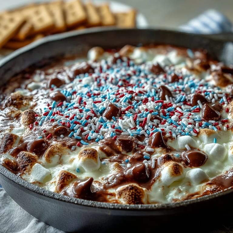 Cast iron 4th of July S'mores Dip with graham crackers, a warm, shareable summer treat.