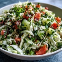 A vibrant bowl of Lebanese Cabbage Salad featuring crisp greens, diced tomatoes, and fresh parsley tossed in a zesty lemon dressing.