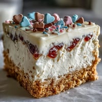 Creamy pink whipped frosting decorates this no-bake Candy Hearts Fake Cake with crunchy conversation hearts and sprinkles.