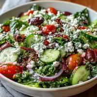 Fresh Mediterranean Green Salad Bowl with crisp spring mix, juicy tomatoes, and crumbled feta cheese, topped with a tangy Greek dressing.