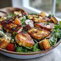 Golden-fried halloumi and blood orange slices top a colorful salad bowl, with sourdough croutons and fresh greens for a vibrant Halloumi Blood Orange Fattoush.