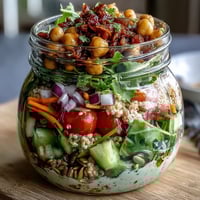 Layered mason jar salads with fresh greens, cherry tomatoes, and quinoa for healthy summer meal prep.