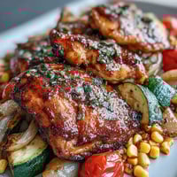 Vibrant sheet pan chicken with zucchini and corn, roasted to golden perfection with juicy tomatoes and red onion.