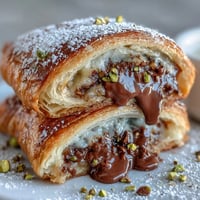 Golden Dubai Chocolate Pistachio Croissant French Toast drizzled with syrup.