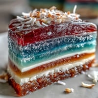 Vibrant Rainbow Jelly Cake with Agar-Agar, topped with creamy coconut.