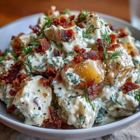Memorial Day Potato Salad with fresh dill and crispy bacon, ready for your picnic.