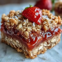 Golden brown strawberry rhubarb crumble bars with bubbling fruit filling.