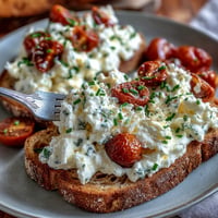 Creamy cottage cheese scrambled eggs, a golden breakfast delight with fluffy curds.