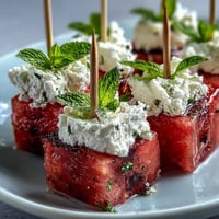 Refreshing watermelon feta bites on toothpicks, colorful and perfect party appetizers.